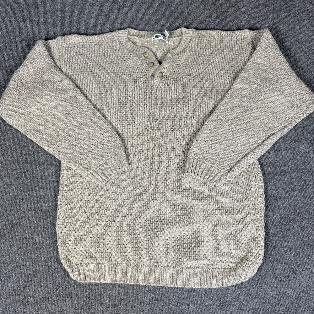 Vintage Cherokee Sweater Mens Large Creme Cotton Made in USA 80s Fishermans Knit